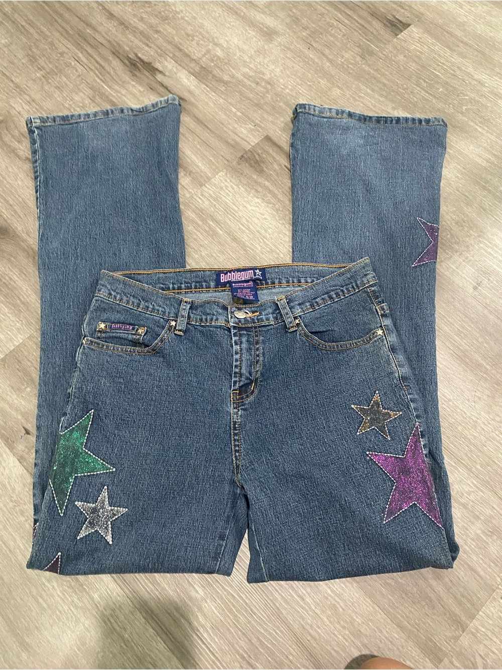 Bubblegum Blue Denim Bootcut Jeans with Glitter Star Appliqués